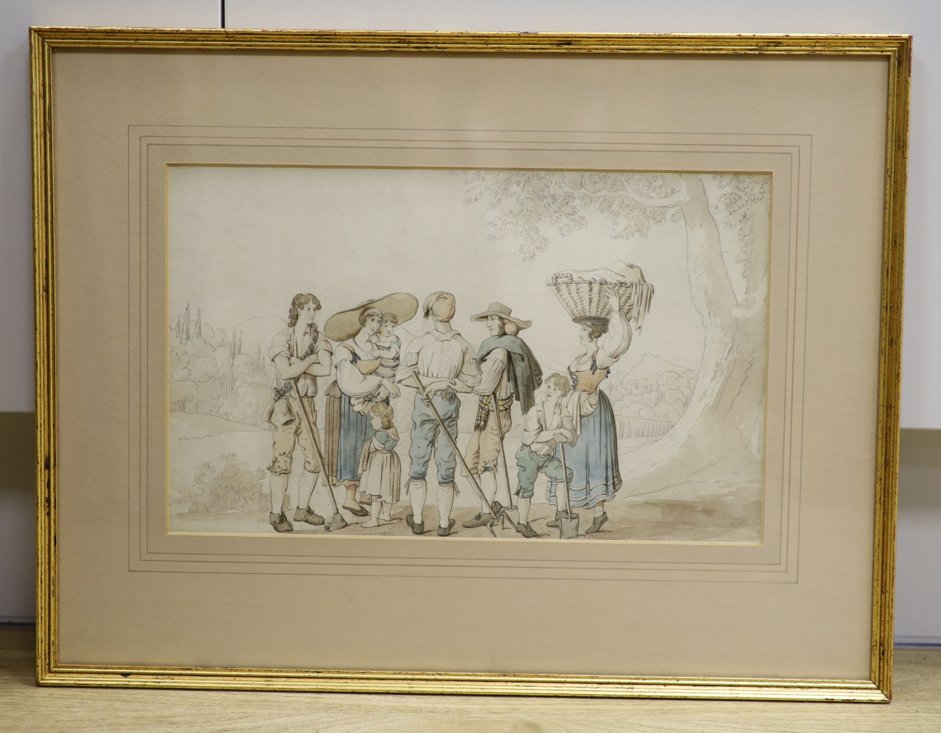 Tyrolean School, late 18th century, country folk in a landscape, pen and watercolour and wash, 20 x 32cm.